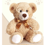 Plush teddy bear with a brown ribbon bow
