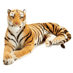 Plush tiger lying down on a white background