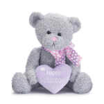 Gray teddy bear holding a purple heart with a Valentine message