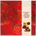 Box of Belgian chocolates with red decorative packaging