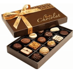 Box of assorted chocolates with a gold ribbon