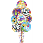 Cluster of colorful round 'Get Well Soon' mylar balloons with bee and smiley designs and curling ribbons.
