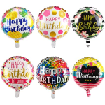 Six round birthday balloons with colorful printed designs