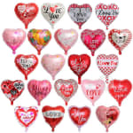 Assorted red, pink, and white heart-shaped foil balloons with I love you messages