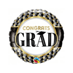 Round graduation balloon with black, gold, and silver pattern and "Congrats Grad" text