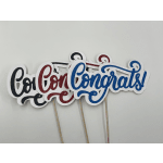 Glittery "Congrats" signs on sticks in blue, red, and black