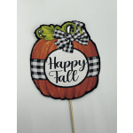 Pumpkin-shaped fall sign with a black-and-white bow and stick