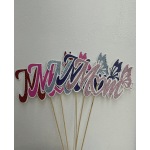 Glittery butterfly-shaped name toppers on wooden sticks