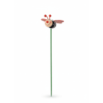 Ladybug garden pick with a smiling face and red wings on a green stake