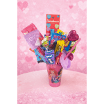 Candy bouquet in a pink cup with heart decorations