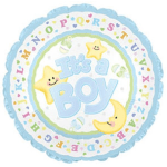 Round baby boy balloon with stars and moon graphics