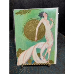 Decorative card with an illustrated woman in a flowing dress