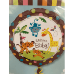 Baby shower balloon with jungle animals and "Welcome Baby!" text