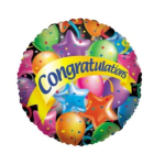 Round congratulations balloon with colorful stars and confetti