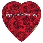 Heart-shaped box covered in red roses with Valentine's Day text