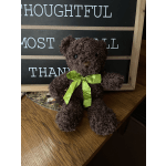 Brown teddy bear with a green ribbon sitting in front of a sign