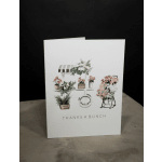 Greeting card with watercolor flower carts and the words Thanks a Bunch
