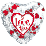 Heart-shaped balloon with red hearts and "I Love You" text