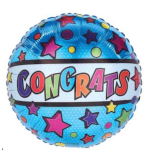 Round blue balloon with colorful stars and the word Congrats