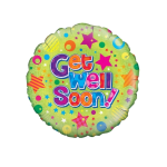 Round green foil balloon with colorful "Get Well Soon!" text
