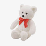 White teddy bear with a red bow sitting on a white background
