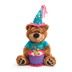 Plush teddy bear wearing a birthday hat and shirt, holding a cake