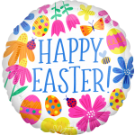Round Easter balloon with colorful flowers and eggs and the words Happy Easter