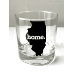 Clear glass tumbler with a black Illinois silhouette and the word home.