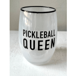 Clear stemless glass with "PICKLEBALL QUEEN" text