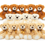 Assorted teddy bears with ribbon bows arranged in rows