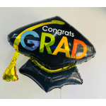Black graduation balloon with colorful "Congrats GRAD" text