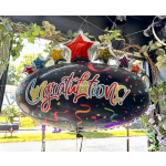 Black congratulatory balloon with colorful stars and confetti