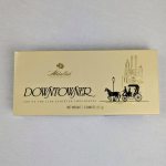 Box of assorted chocolates with a city skyline illustration