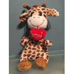 Plush giraffe holding a red heart that says I love you