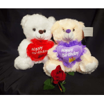 Two teddy bears with birthday hearts and a red rose