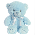 Light blue teddy bear with a ribbon bow and "my 1st teddy" on its feet