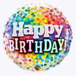 Round birthday balloon with colorful confetti dots and "Happy Birthday" text