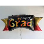 Graduation balloon with "Grad" text and star-shaped side balloons