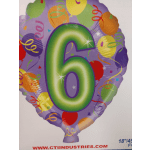 Purple balloon with a large green number 6 and colorful confetti