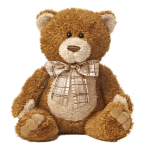 Brown teddy bear with a plaid bow on a white background