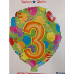 Number 3 birthday balloon with colorful party graphics
