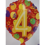 Red balloon with a large gold number 4 and confetti pattern