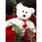 White teddy bear with red roses and greenery
