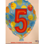 Blue balloon with a large red number 5 and colorful party graphics