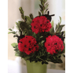 Red carnation arrangement in a green vase with dark foliage