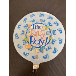 Round balloon printed with "It's A Baby Boy!" and blue footprints