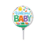 Round balloon with "Welcome Baby" text and colorful baby-themed graphics