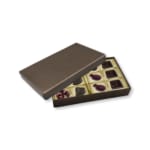 Open box of assorted chocolates with a brown lid