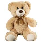 Plush teddy bear with a gold ribbon bow