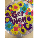 Round floral balloon with colorful daisies and "Get Well" text
